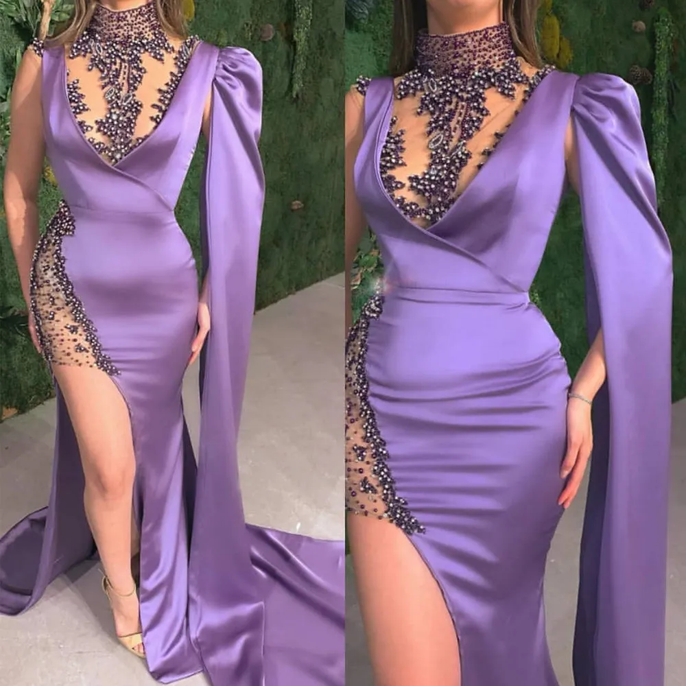 purple beaded evening dresses long high neck dubai muslim luxury evening gown 2021 vestido de fiesta