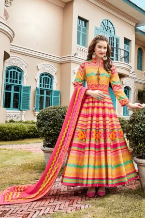 Rainbow Designer Gown With Digital Patola Print