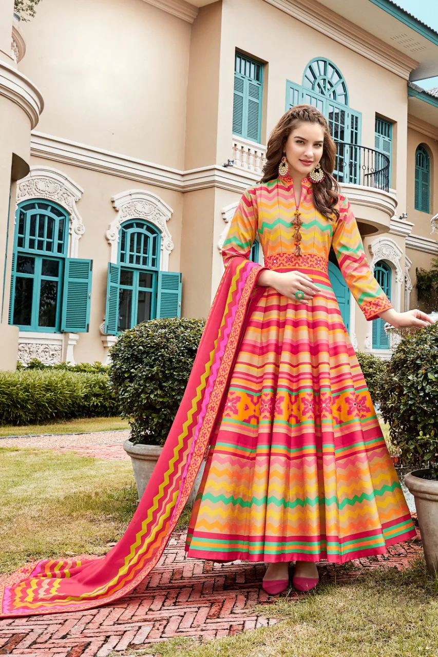 Rainbow Designer Gown With Digital Patola Print