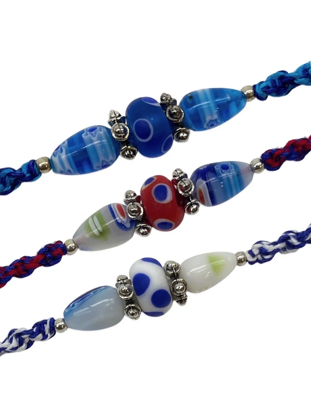 (Rakhi Set of 3) Designer Rakhi With White/Blue/Red Beads Multicolor Thread Rakhi For Rakshabandhan