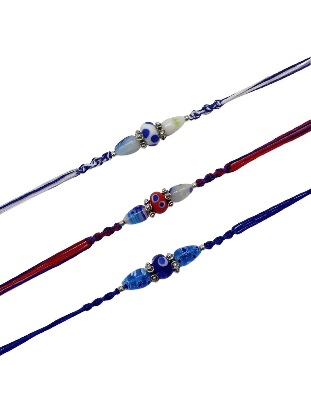(Rakhi Set of 3) Designer Rakhi With White/Blue/Red Beads Multicolor Thread Rakhi For Rakshabandhan