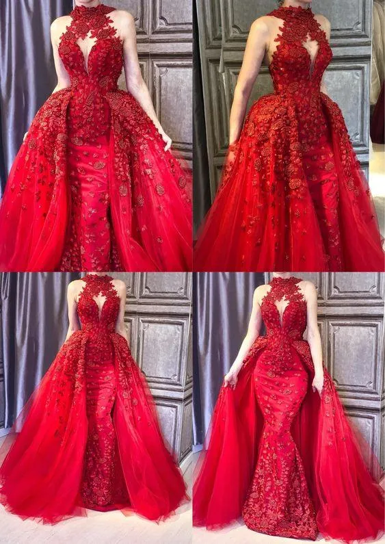red detachable train evening dresses long high neck lace applique beaded 3d flowers elegant evening gown