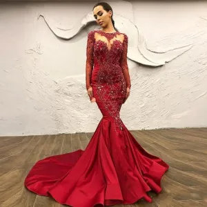 red evening dresses 2020 mermaid lace appliqué beaded luxury elegant modest evening gown