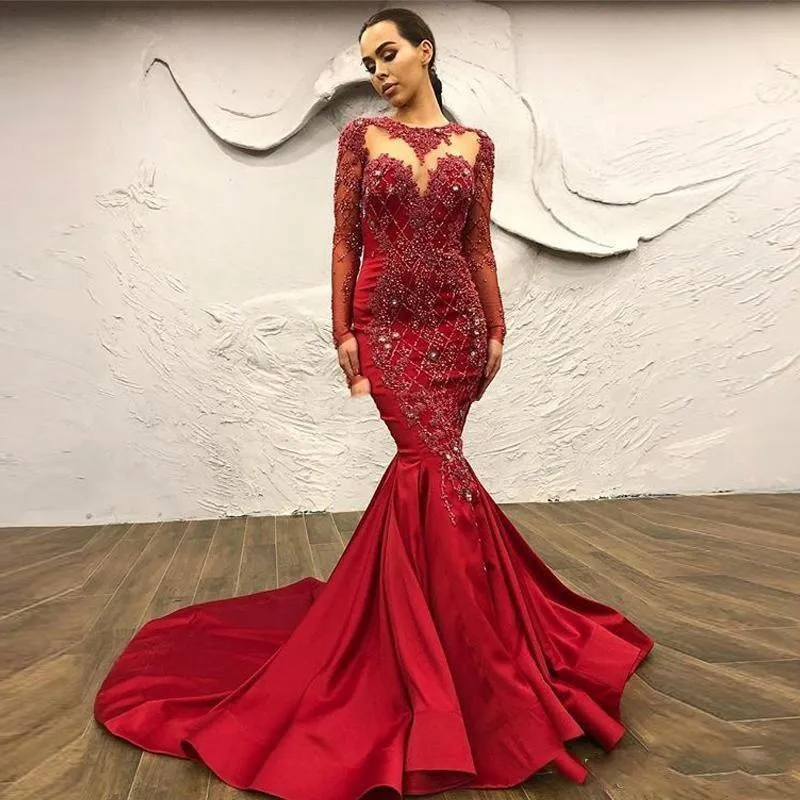 red evening dresses 2020 mermaid lace appliqué beaded luxury elegant modest evening gown