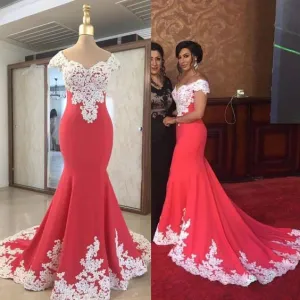 red evening dresses long lace appliqué cap sleeve modest elegant cheap formal dresses