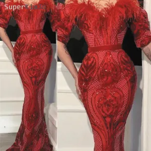 red evening dresses long mermaid sequin appliqué feather elegant luxury evening gown 2020