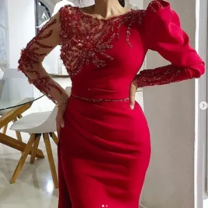 red evening dresses long sleeve beaded mermaid modest elegant evening gown vestido de longo