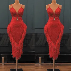 red feather evening dresses 2020 spaghetti strap lace applique ankle length elegant formal evening gown 2021