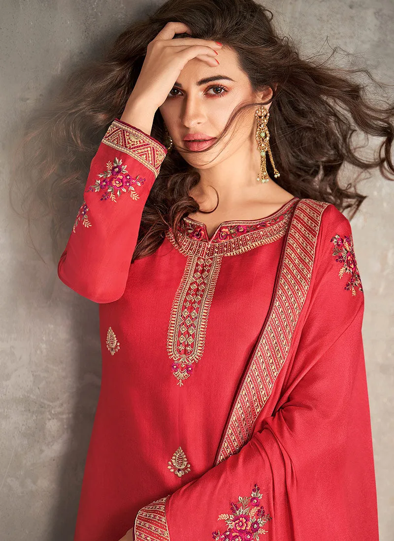 Red Floral Embroidered Designer Palazzo Style Pant Suit