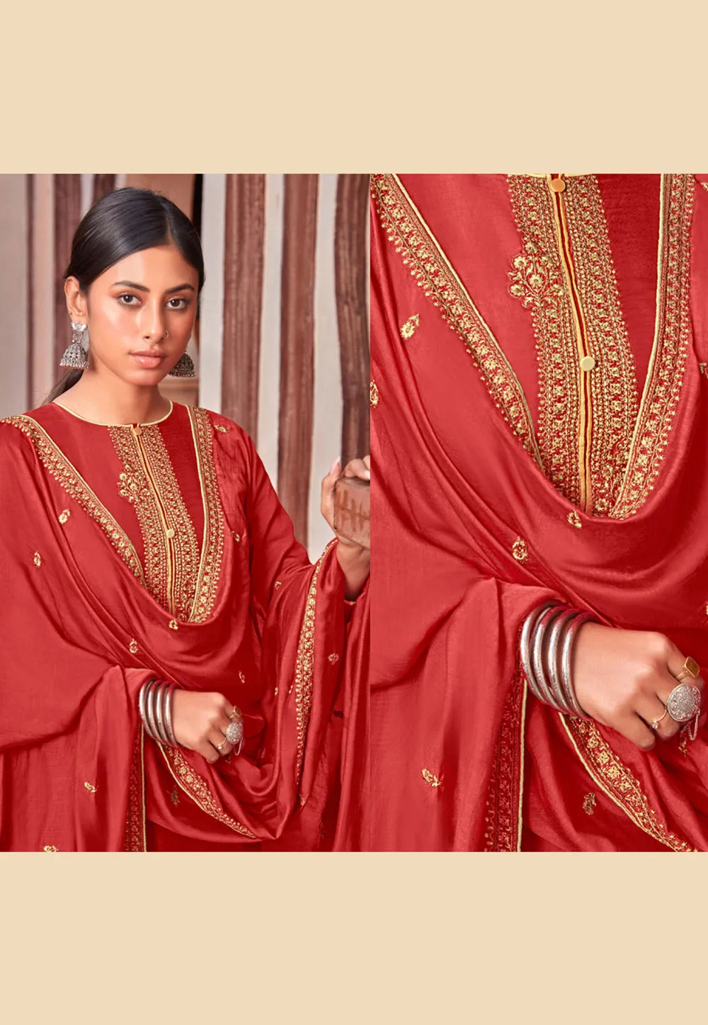 Red Golden Embroidered Pakistani Style Pant Suit
