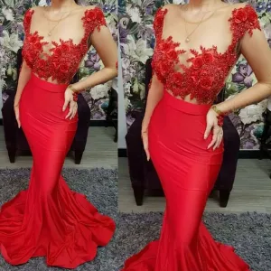red lace appliqué evening dresses long mermaid beaded satin modest elegant evening formal gown