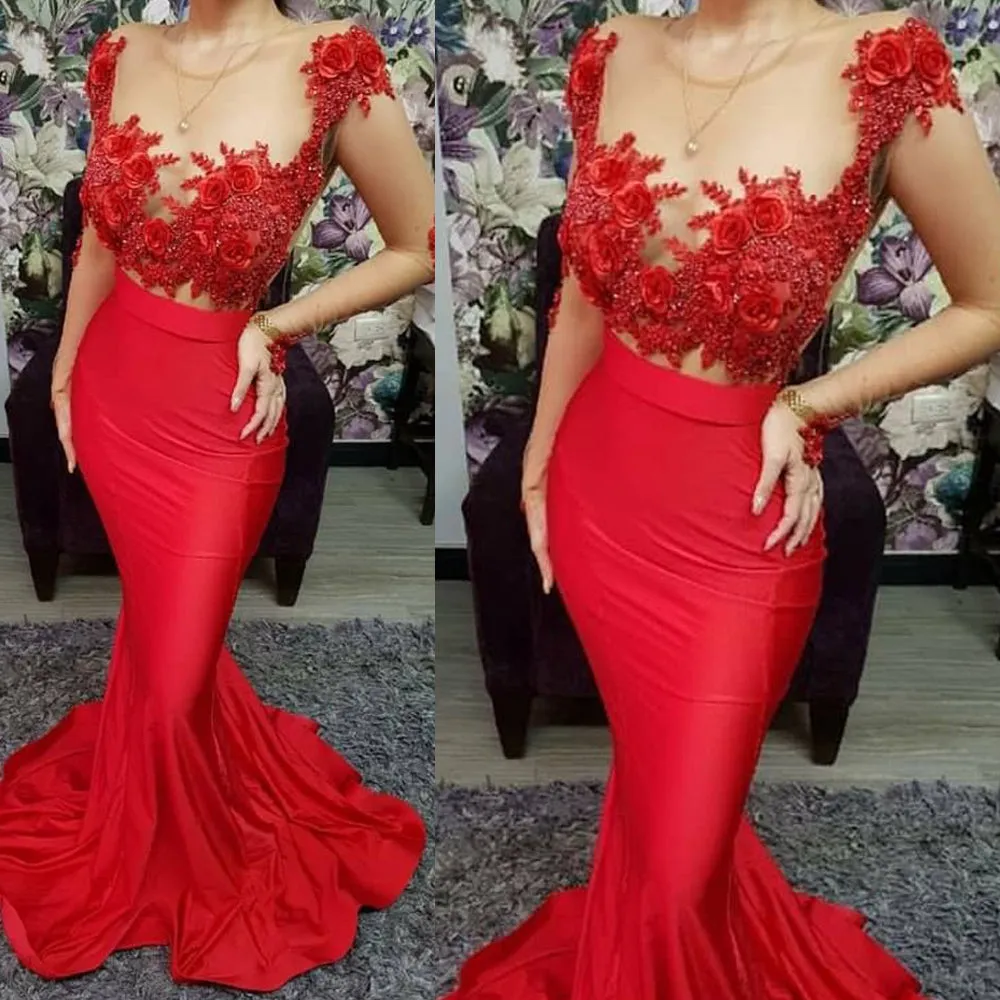 red lace appliqué evening dresses long mermaid beaded satin modest elegant evening formal gown