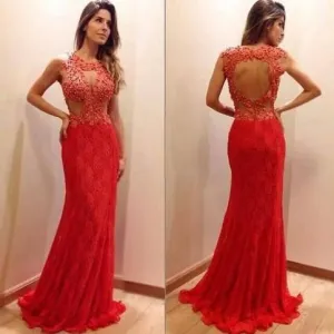 red lace evening dresses long mermaid beaded applique elegant sleeveless cheap evening gown 2021