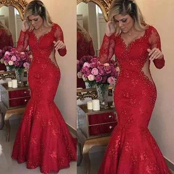 red lace evening dresses long sleeve deep v neck elegant beaded mermaid modest elegant evening gown