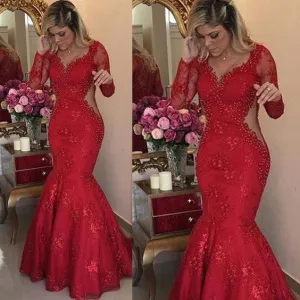 red lace evening dresses long sleeve deep v neck elegant beaded mermaid modest elegant evening gown