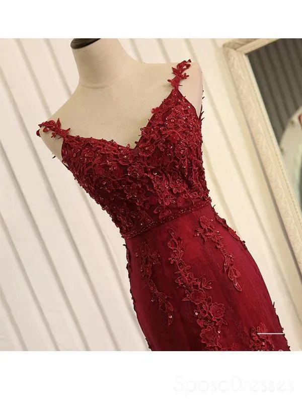 Red Lace Mermaid V-neck Cheap Long Evening Prom Dresses, Evening Party Prom Dresses, 18643