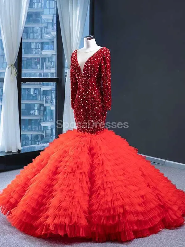 Red Long Sleeves Ruffles Mermaid Evening Prom Dresses, Evening Party Prom Dresses, 12236