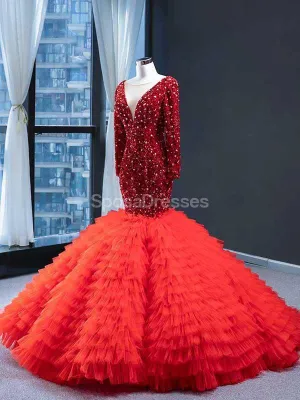 Red Long Sleeves Ruffles Mermaid Evening Prom Dresses, Evening Party Prom Dresses, 12236