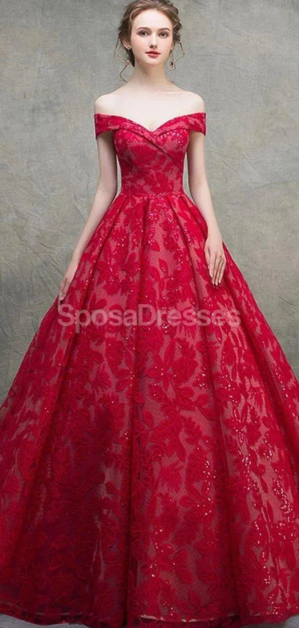 Red Off Shoulder Lace Ball Gown Long Evening Prom Dresses, Evening Party Prom Dresses, 12216