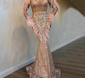 Rose Gold Feathers Long Sleeves Evening Dresses Dubai Luxury Mermaid Sparkle Evening Gowns
