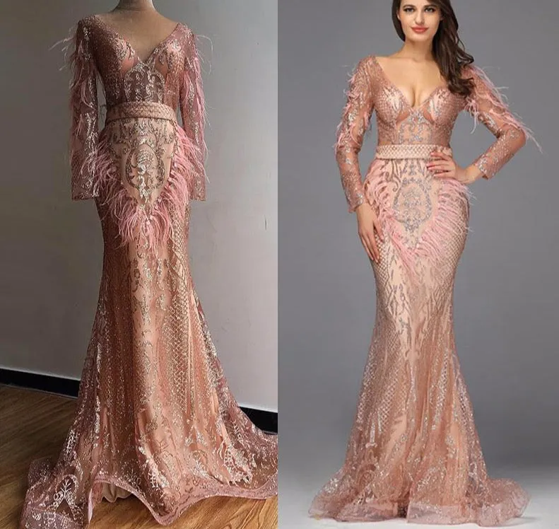Rose Gold Feathers Long Sleeves Evening Dresses Dubai Luxury Mermaid Sparkle Evening Gowns