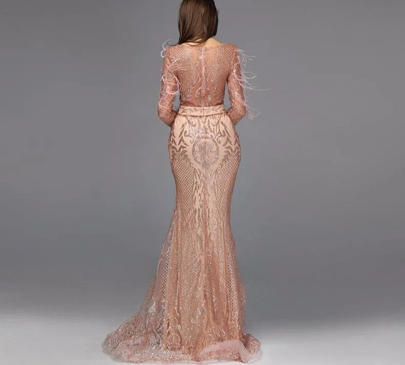 Rose Gold Feathers Long Sleeves Evening Dresses Dubai Luxury Mermaid Sparkle Evening Gowns