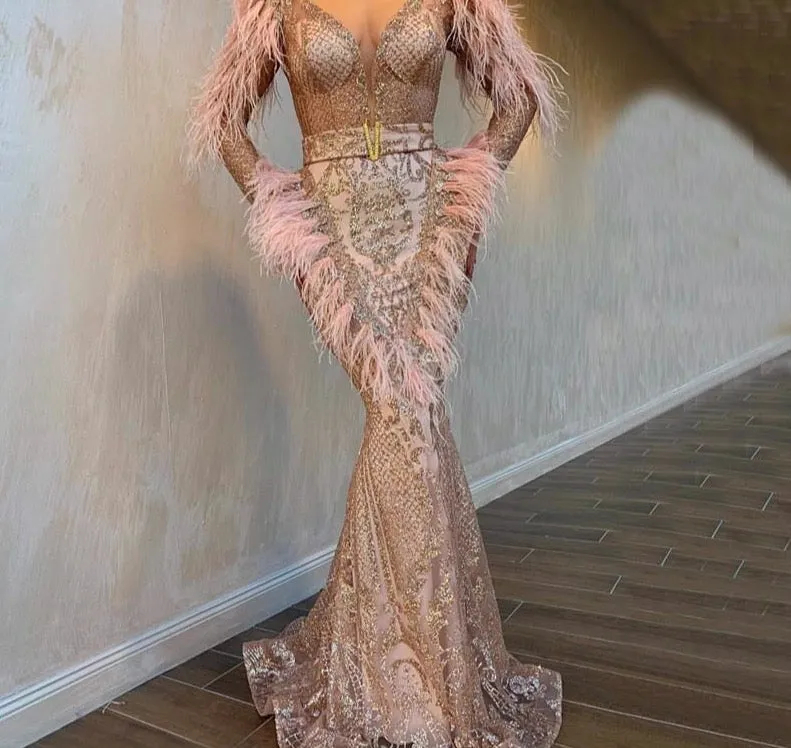 Rose Gold Feathers Long Sleeves Evening Dresses Dubai Luxury Mermaid Sparkle Evening Gowns