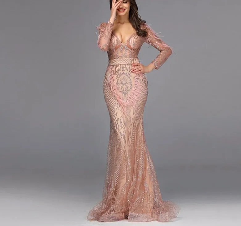 Rose Gold Feathers Long Sleeves Evening Dresses Dubai Luxury Mermaid Sparkle Evening Gowns