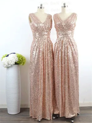 Rose Gold Prom Dress,Sequin Maxi Dress,Sequin Prom Evening Dress,V Neck Two Straps Prom Bridesmaid Dress,Sparkly Wedding Gown