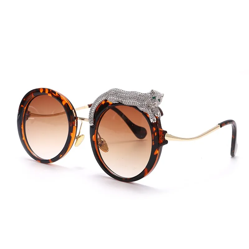 Round Sunglasses Women Luxury Brand Designer Zircon Sun Glasses UV400 Eyeglasses Personality Eyewear Crystal Leopard Shades