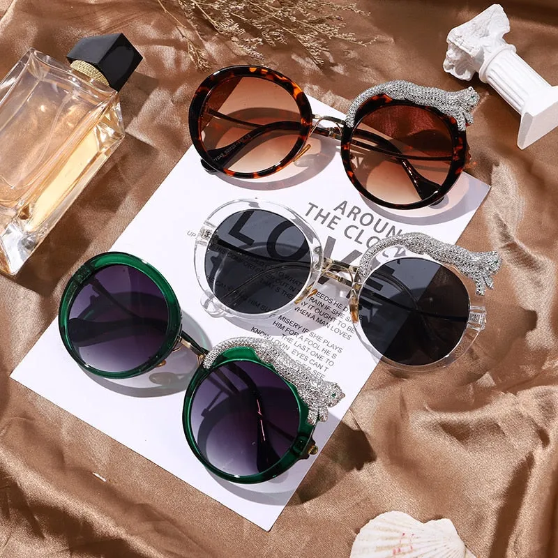Round Sunglasses Women Luxury Brand Designer Zircon Sun Glasses UV400 Eyeglasses Personality Eyewear Crystal Leopard Shades