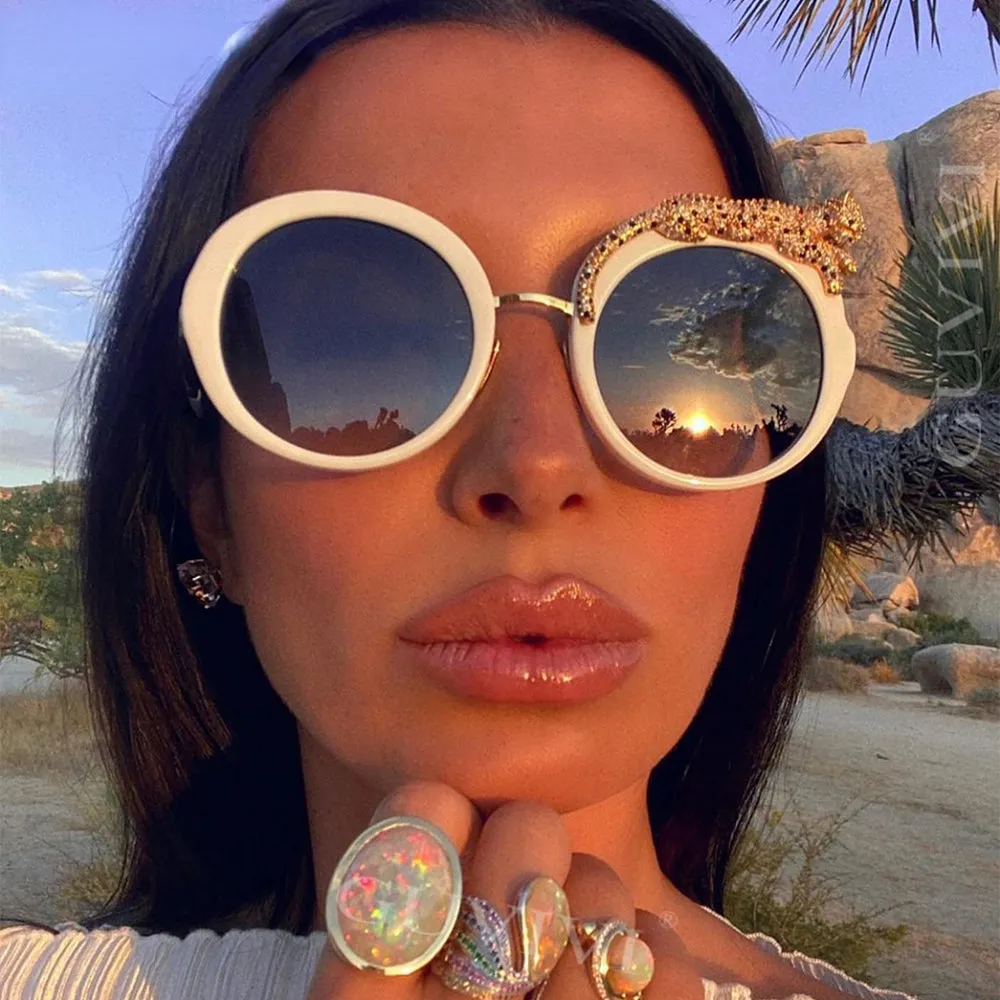 Round Sunglasses Women Luxury Brand Designer Zircon Sun Glasses UV400 Eyeglasses Personality Eyewear Crystal Leopard Shades