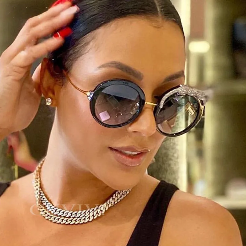 Round Sunglasses Women Luxury Brand Designer Zircon Sun Glasses UV400 Eyeglasses Personality Eyewear Crystal Leopard Shades