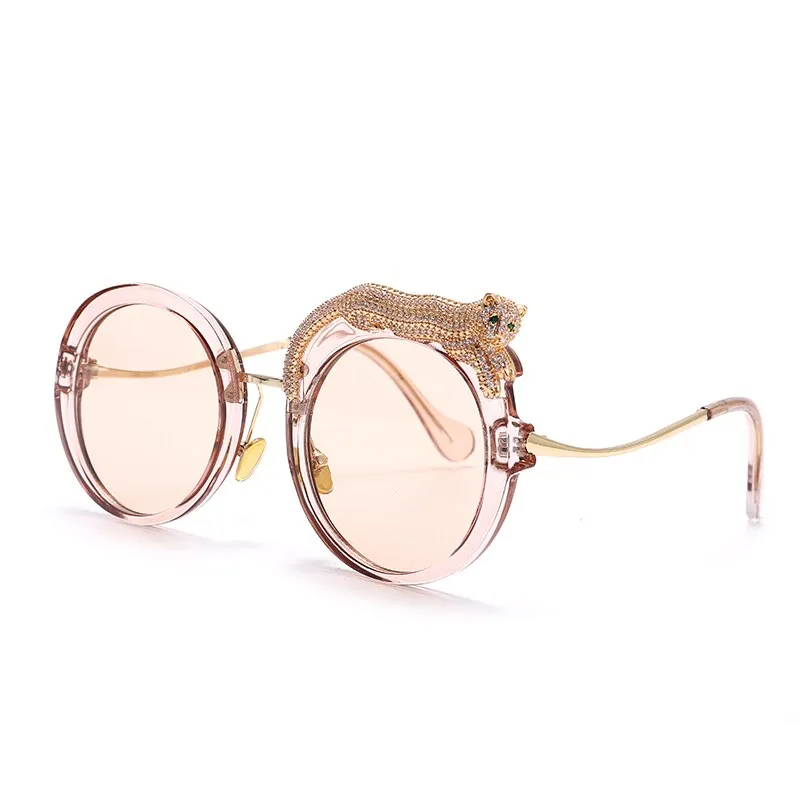 Round Sunglasses Women Luxury Brand Designer Zircon Sun Glasses UV400 Eyeglasses Personality Eyewear Crystal Leopard Shades