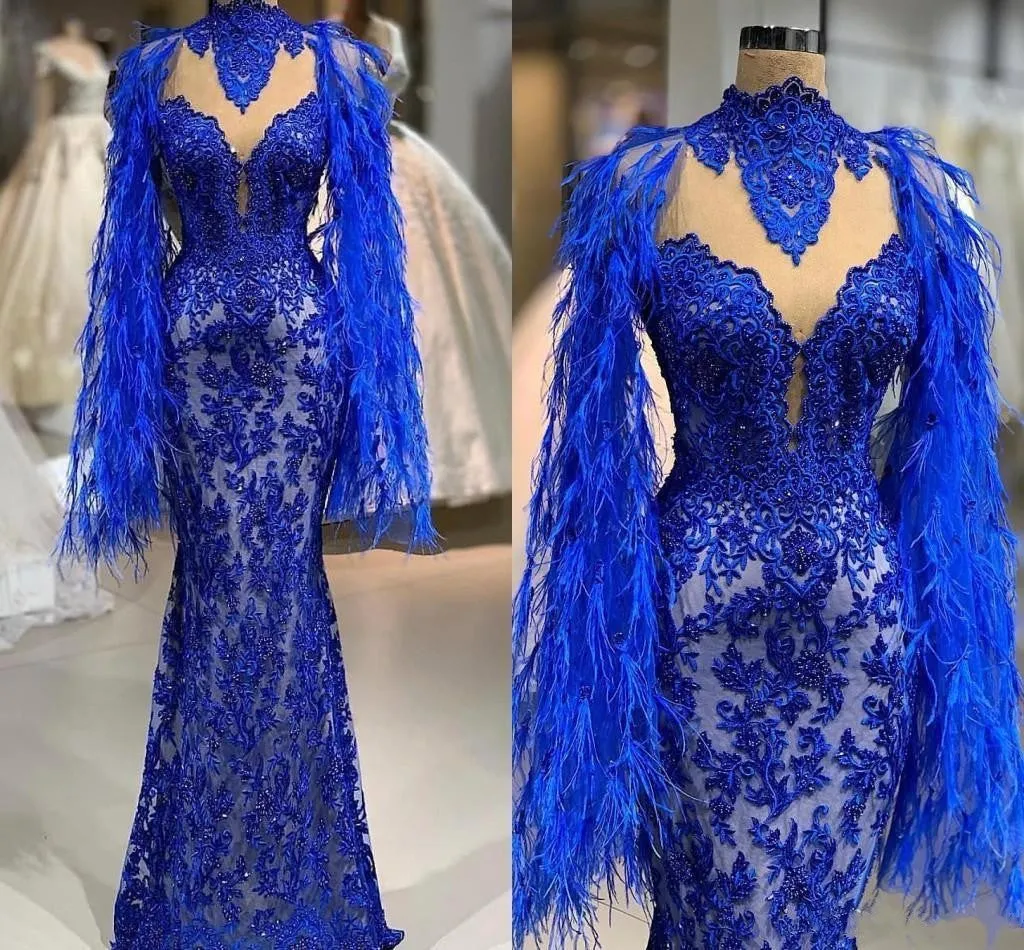 royal blue mermaid evening dresses long feather lace applique beaded luxury modest formal evening gown