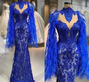 royal blue mermaid evening dresses long feather lace applique beaded luxury modest formal evening gown
