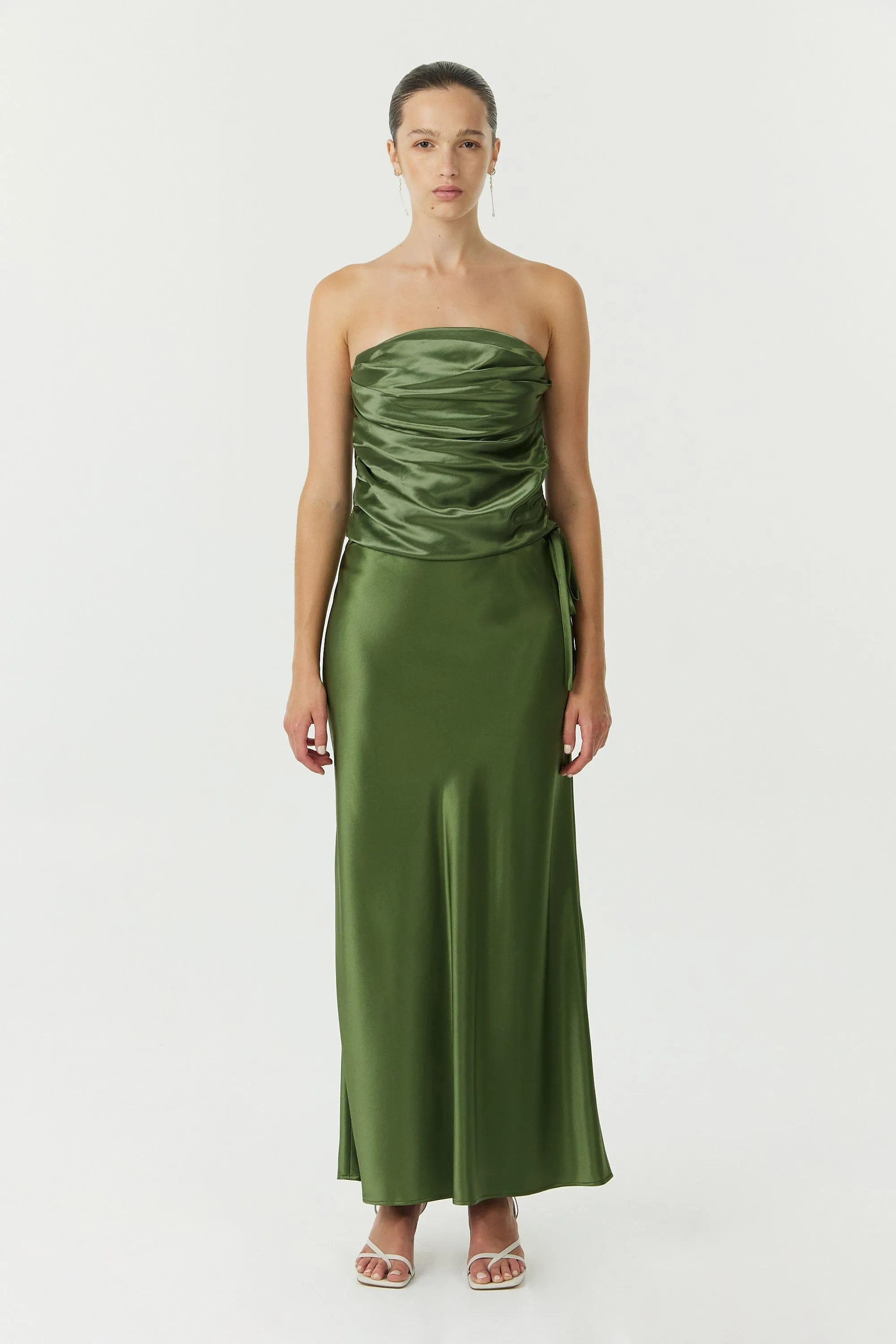 SATIN DRAPE BUSTIER | OLIVE