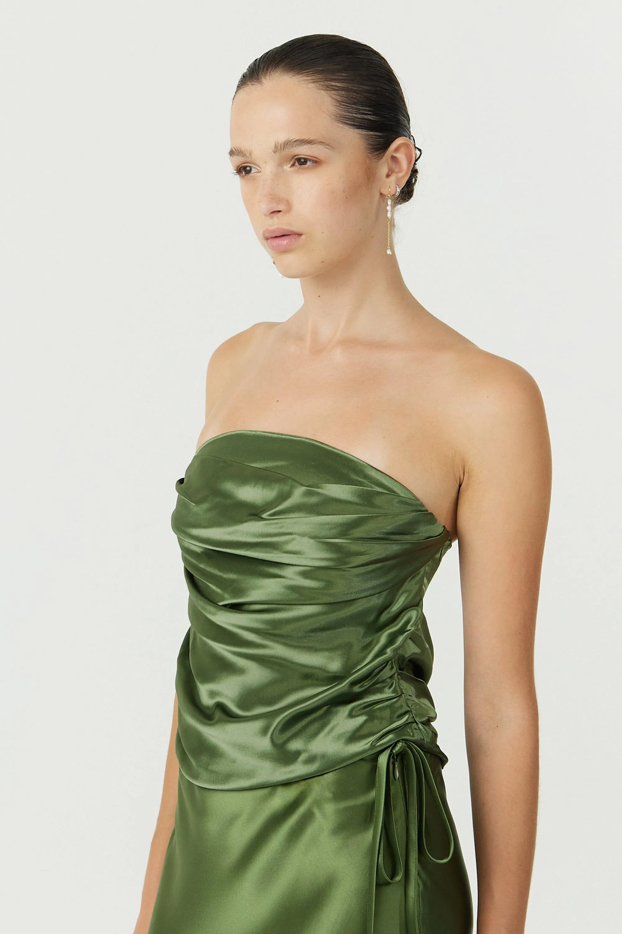 SATIN DRAPE BUSTIER | OLIVE