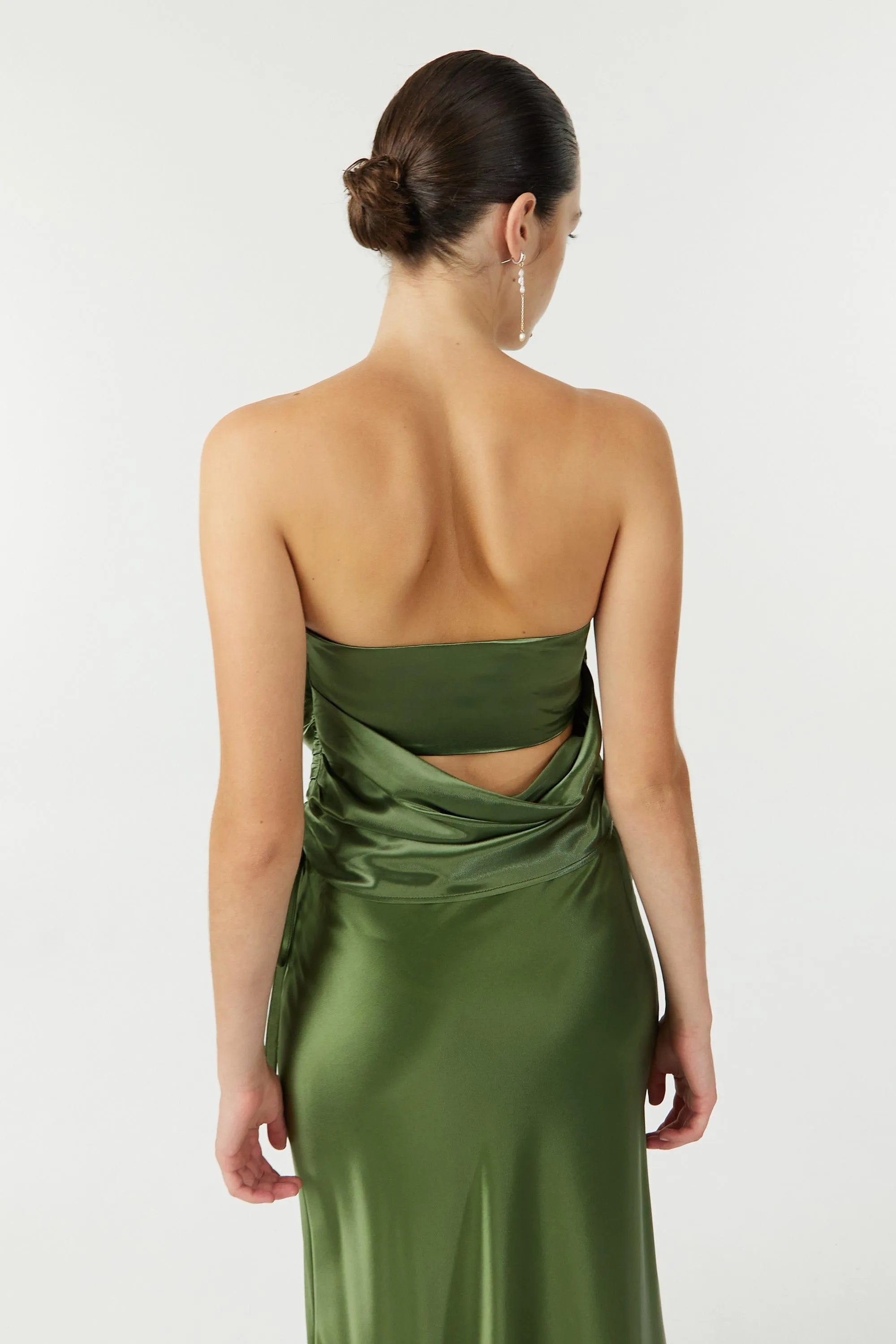 SATIN DRAPE BUSTIER | OLIVE