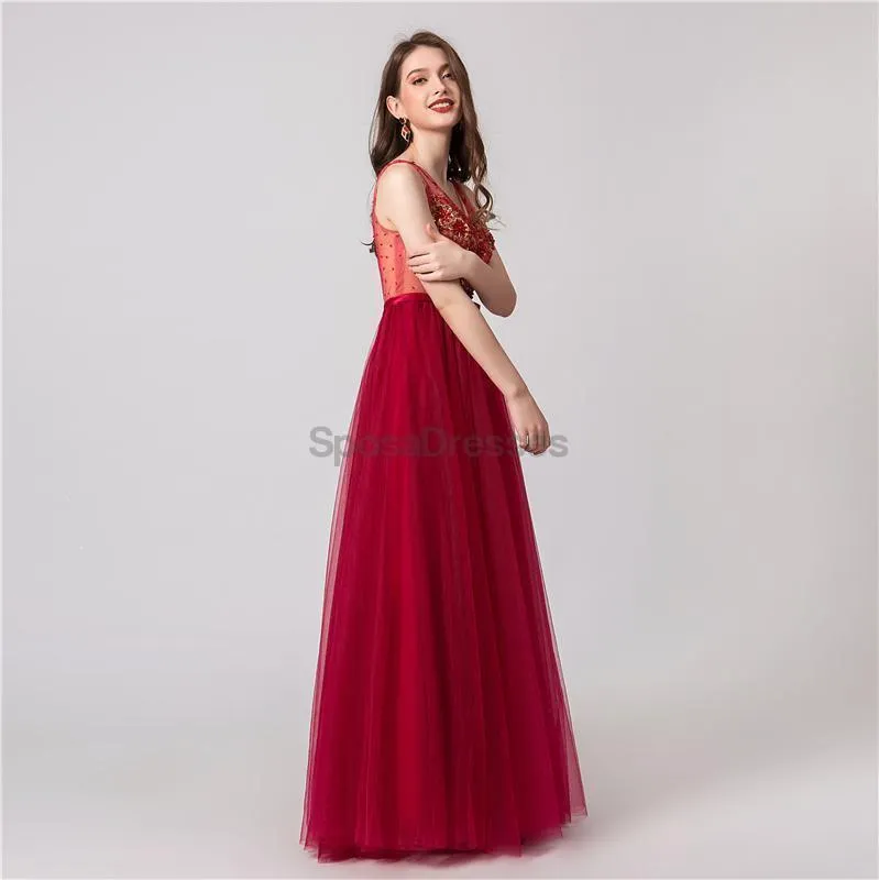 See Through Red Applique Evening Prom Dresses, Evening Party Prom Dresses, 12102