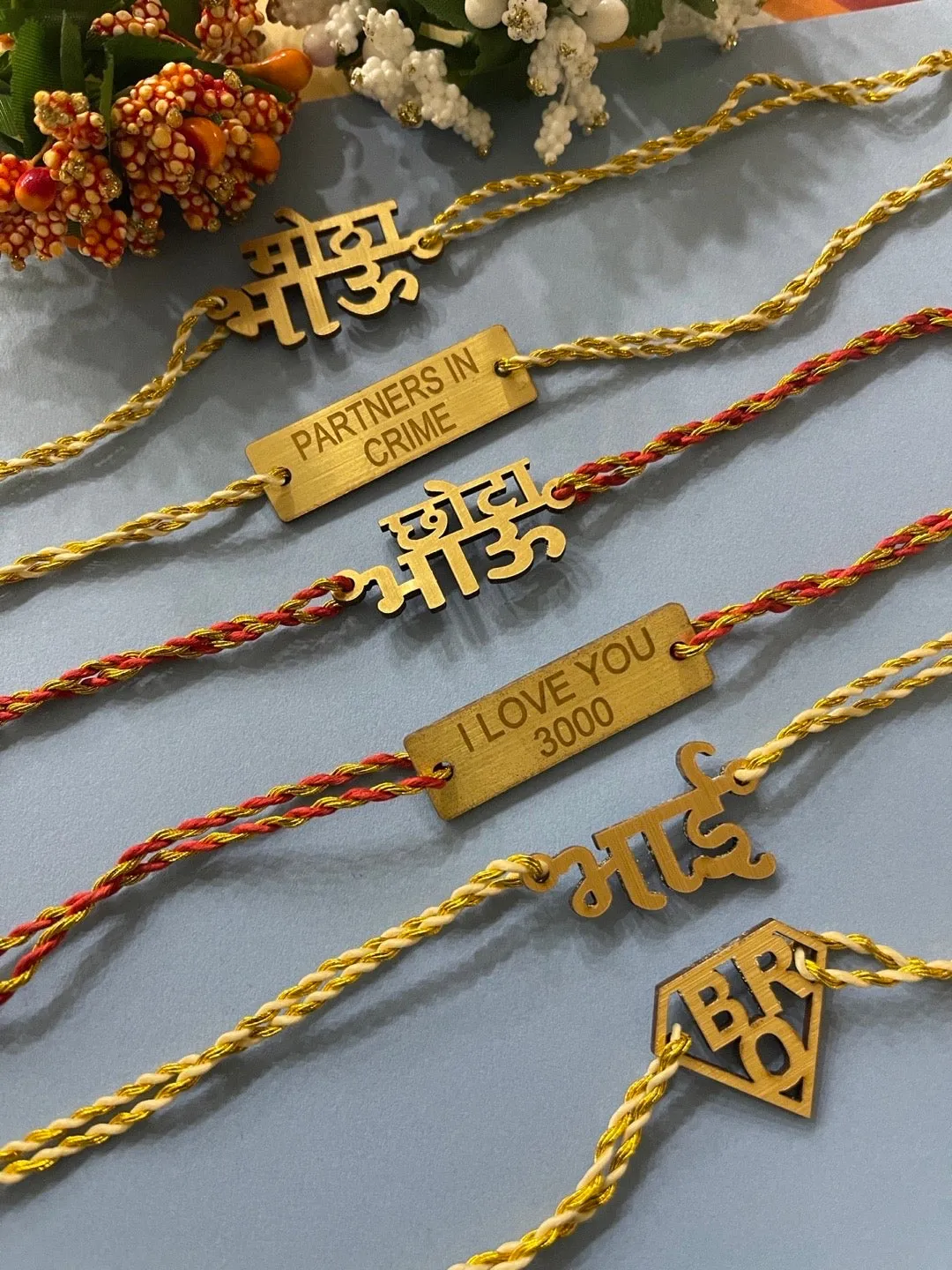 (Set of 6) Unique MDF Wooden Bro Rakhi Combo For Brothers With multicolour Thread For Rakshabandhan