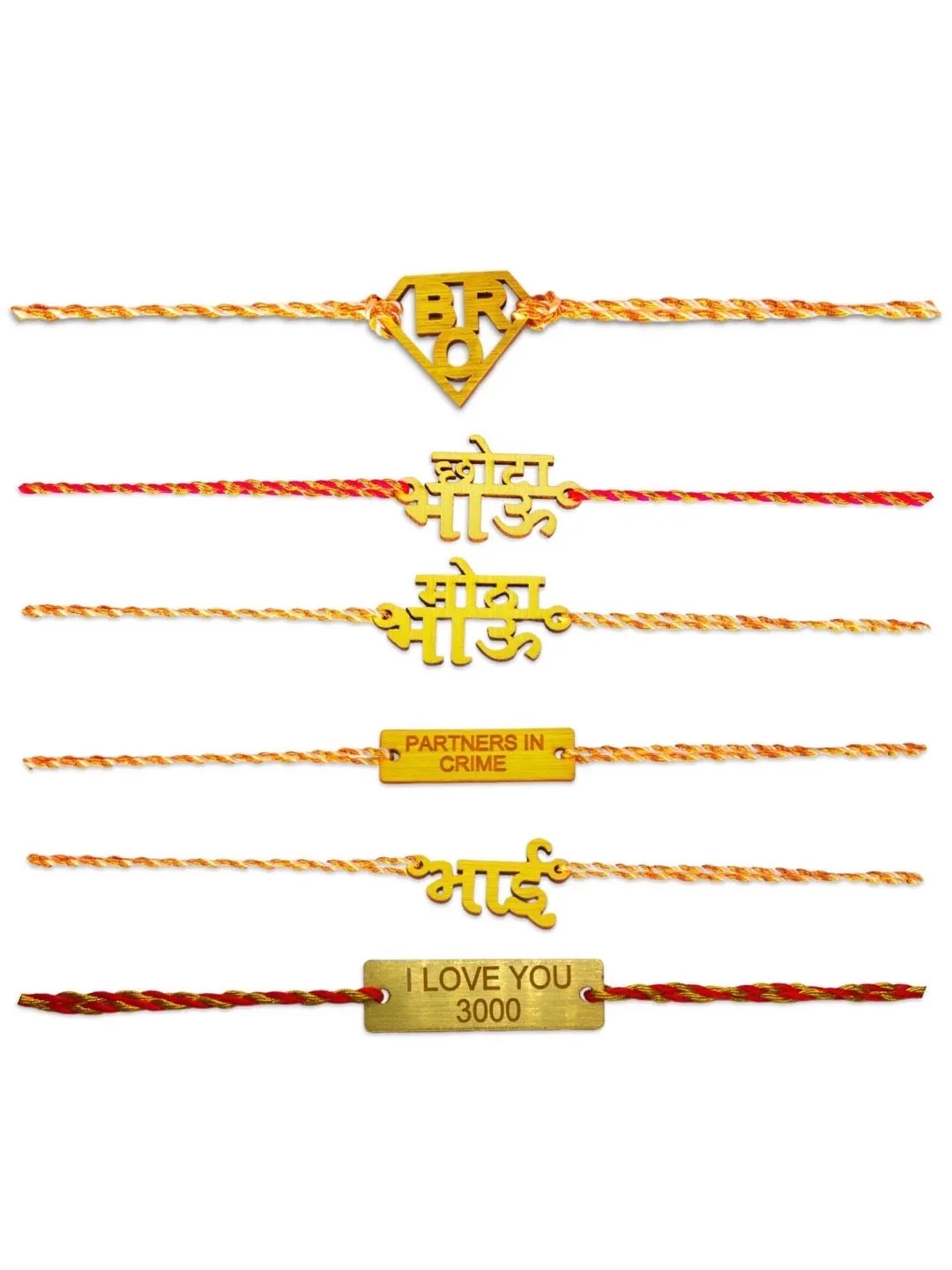 (Set of 6) Unique MDF Wooden Bro Rakhi Combo For Brothers With multicolour Thread For Rakshabandhan
