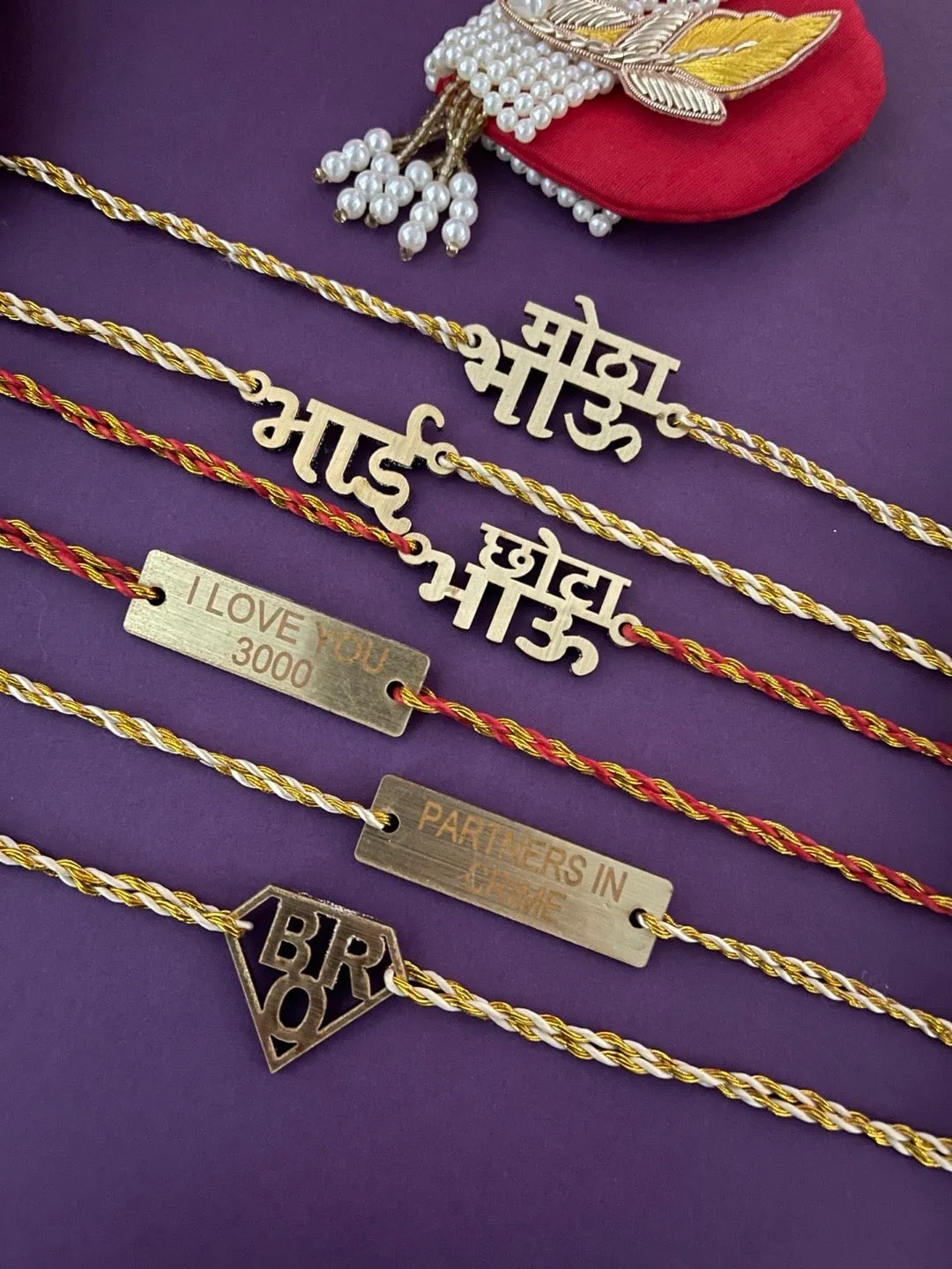 (Set of 6) Unique MDF Wooden Bro Rakhi Combo For Brothers With multicolour Thread For Rakshabandhan