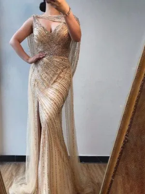 Sexy Champagne V-neck Luxury Evening Dress Diamond Beading Sleeveless Mermaid Formal Party Gown
