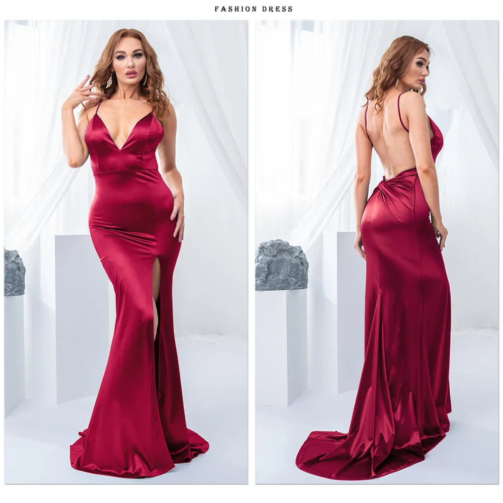 Sexy Emerald Green Backless Mermaid Wedding Gown Deep V Evening Dress
