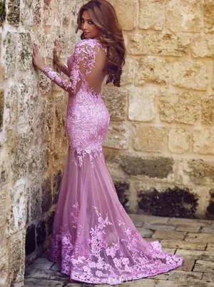 Sexy Mermaid Long Sleeve Round Neck Lace Applique Prom Formal Evening Dress Open Back Formal Gowns