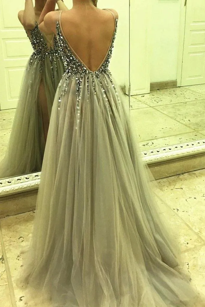 Sexy Side Split sleeveless Tulle Evening Dress A Line Prom Dresses TP0884