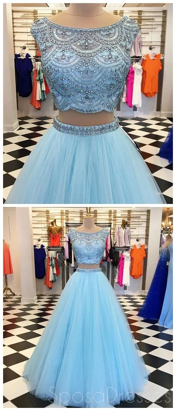 Sexy Two Pieces Cowl Heavily Beaded Blue Long Evening Prom Dresses, Cheap Sweet 16 Dresses, 18443