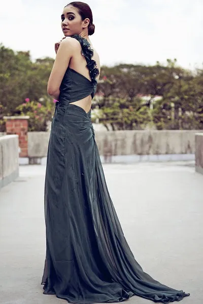 Sheath One-shoulder Floor Length Chiffon Backless Handmade Flower Evening Dress