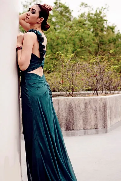 Sheath One-shoulder Floor Length Chiffon Backless Handmade Flower Evening Dress